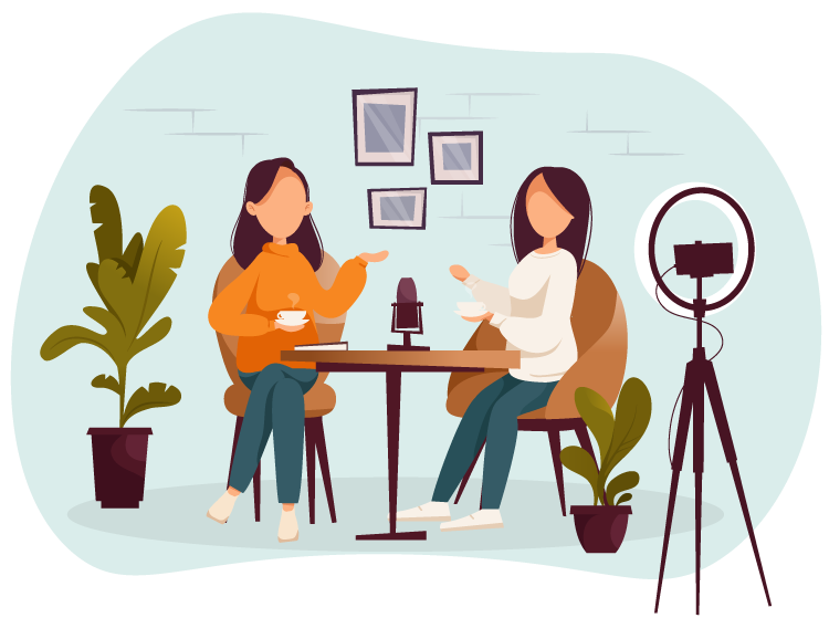 Cartoon of two women sitting at a table making a podcast