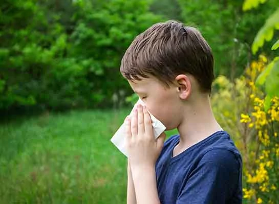 Photo of boy in field blowing his nose