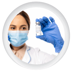 Photo icon of tech worker holding up Covid-19 vaccine bottle